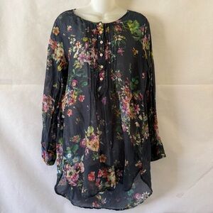 Johnny Was 3J Workshop Floral Tunic Sz S Silk Blend Blouse Boho Romantic Sheer